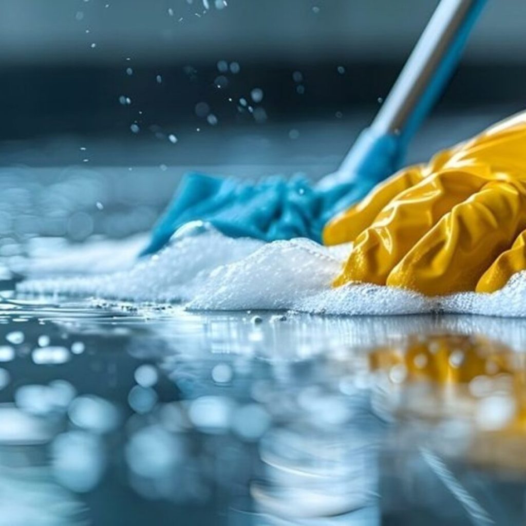 A person in yellow gloves and blue gloves cleaning a floor